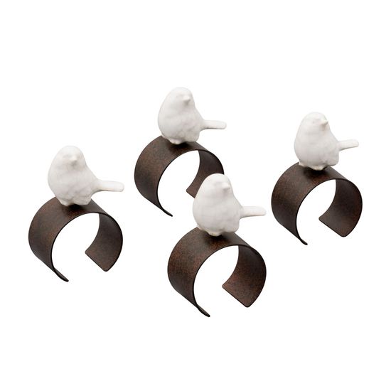Conjunto com 4 Porta Guardanapos Bird de Zamac com Pássaro de Cerâmica Branco e Ferrugem 5,7X3,5X9,7 Cm