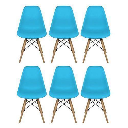 Conjunto com 6 Cadeiras Dkr Eames Polipropileno Base Eiffel Madeira Azul Inovakasa