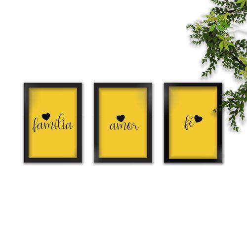 Conjunto Composição Kit 3 Quadros Decorativos Família Amor Fé Fundo Amarelo Coração Preto