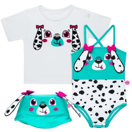 Conjunto de Banho para Bebe Dalmatians: Camiseta + Maiô + Chapéu - Cara de Criança