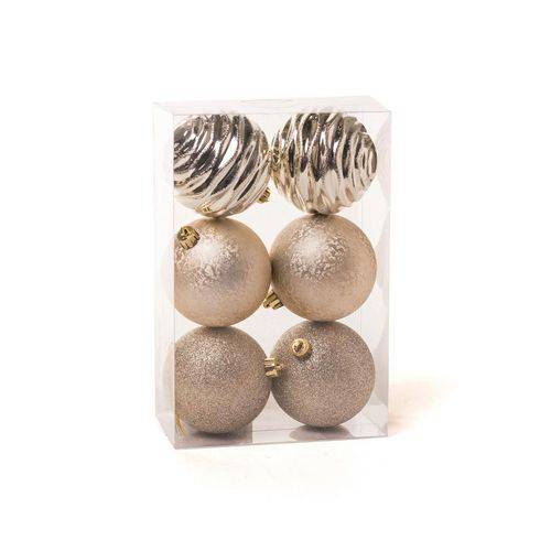 Conjunto de Bolas de Natal Cromus Dourada Nude 10cm Glitter, Texturizada e Listras 6 Unidades