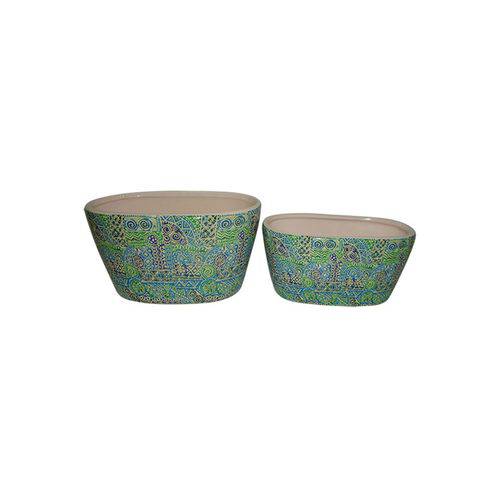 Conjunto de Cachepot em Cerâmica Oval Estampas com 2 Peças Azul e Verde