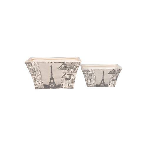 Conjunto de Cachepot em Cerâmica Quadrado Paris com 2 Peças Branco e Preto