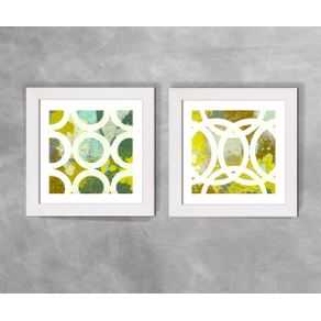 Conjunto de Dois Quadros Abstratos Círculos e Semicírculos Brancos e Tons Verde Ref N08AeB Abstrato N08A e N08B Branca