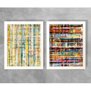 Conjunto de Dois Quadros Abstratos Linhas Coloridas Abstrato D90A e D90B Branca 3cm
