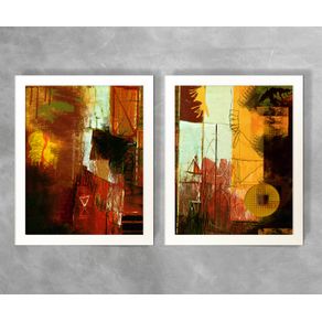 Conjunto de Dois Quadros Abstratos Rabiscos Tons Amarelo e Vermelho Abstrato D28A e D28B Branca 3cm