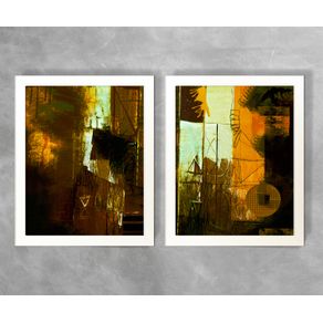 Conjunto de Dois Quadros Abstratos Rabiscos Tons de Marrom e Amarelo Abstrato D29A e D29B Branca 3cm