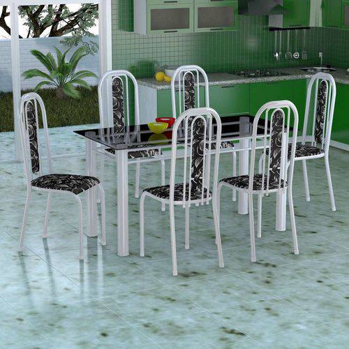 Conjunto de Mesa com 6 Cadeiras Granada Branco e Preto Floral Vd