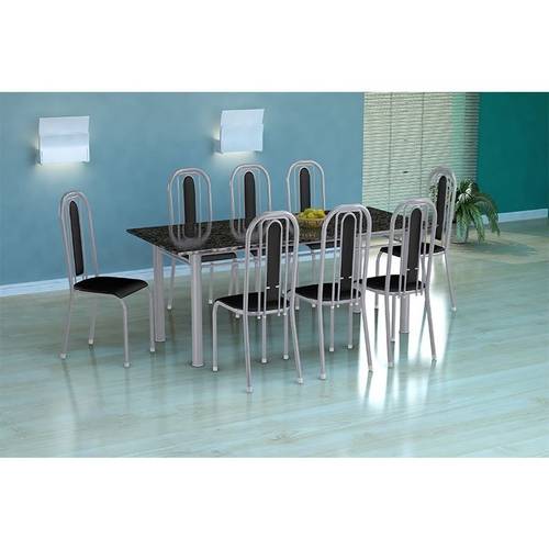 Conjunto de Mesa Cordoba com 8 Cadeiras Granada Branco Prata e Preto Liso