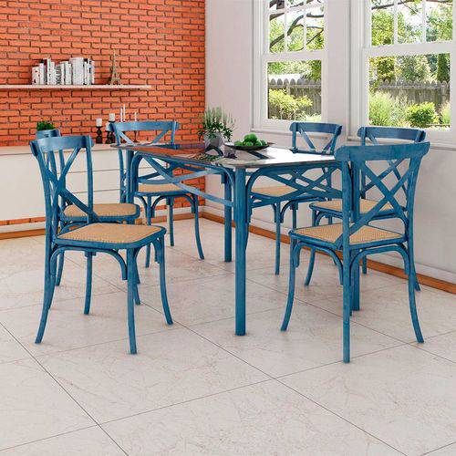 Conjunto de Mesa de Jantar com 6 Cadeiras e Tampo de Vidro Katrina Azul