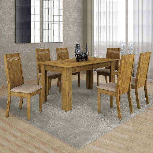 Conjunto de Mesa de Jantar com 6 Cadeiras Ouro Preto Suede Ypê e Bege