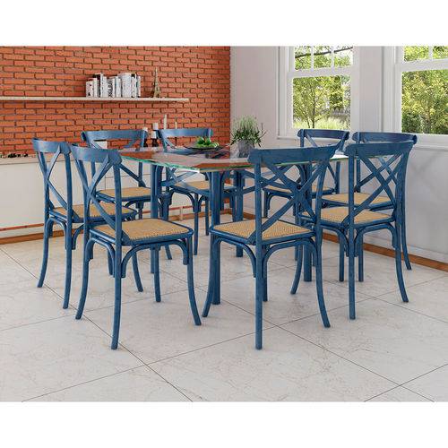 Conjunto de Mesa de Jantar com 8 Cadeiras e Tampo de Vidro Katrina Azul