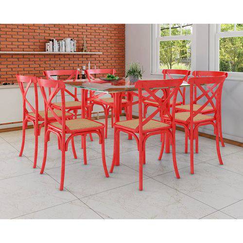 Conjunto de Mesa de Jantar com 8 Cadeiras e Tampo de Vidro Katrina Vermelho