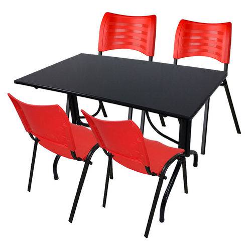 Conjunto de Mesa Fixa 120x70 Cm Preta com 4 Cadeiras Empilháveis Vermelha Plástico