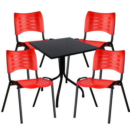 Conjunto de Mesa Fixa 70x70 Cm Preta com 4 Cadeiras Empilháveis Vermelha Plástico