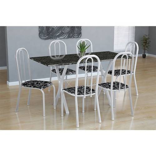 Conjunto de Mesa Miame com 6 Cadeiras Madri Branco e Preto Floral