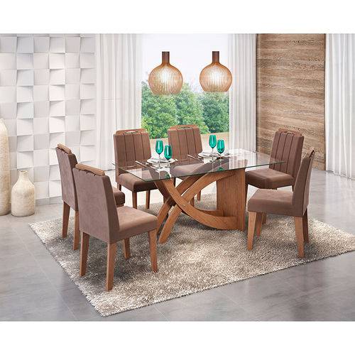 Conjunto de Mesa para Sala de Jantar C/ Tampo de Vidro 6 Cadeiras Flavia/elisa - Cimol - Savana / Chocolate