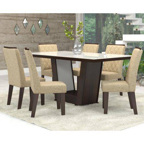 Conjunto de Mesa para Sala de Jantar Condessa Vidro Branco com 6 Cadeiras Nogueira/Gold