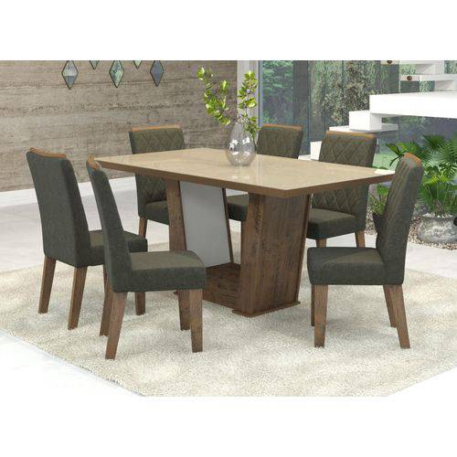 Conjunto de Mesa para Sala de Jantar Condessa Vidro Bronze com 6 Cadeiras Ebano/Camurça
