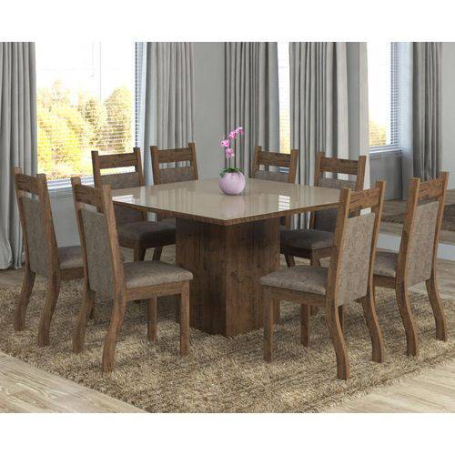 Conjunto de Mesa para Sala de Jantar Elen com Vidro Bronze 8 Cadeiras Ebano/Dakota