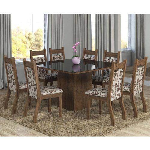 Conjunto de Mesa para Sala de Jantar Elen com Vidro Preto 8 Cadeiras Ebano/Brownie
