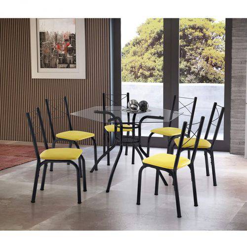 Conjunto de Mesa Tampo de Vidro Sextavada e 6 Cadeiras Hilux Móveis Brastubo Preto/Amarelo