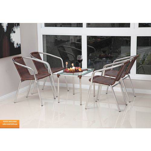 Conjunto Debora para Jardim Mesa de Centro + 4 Cadeiras em Aluminio e Fibra Castanho - Alegro Móveis
