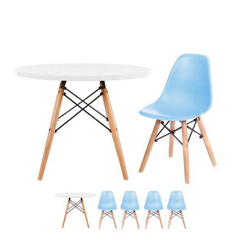 Conjunto Eames Junior - 1 Mesa Branca + 4 Cadeiras Azuis