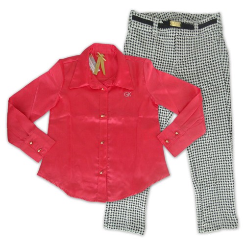 Conjunto Infantil Camisa Cetim Rosa e Calça Tweed Xadrez Menina 2 Anos