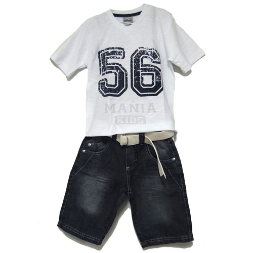 Conjunto Infantil Camiseta 56 Branca e Bermuda Jeans com Cinto Bege Conjunto Infantil Camiseta 56 6T