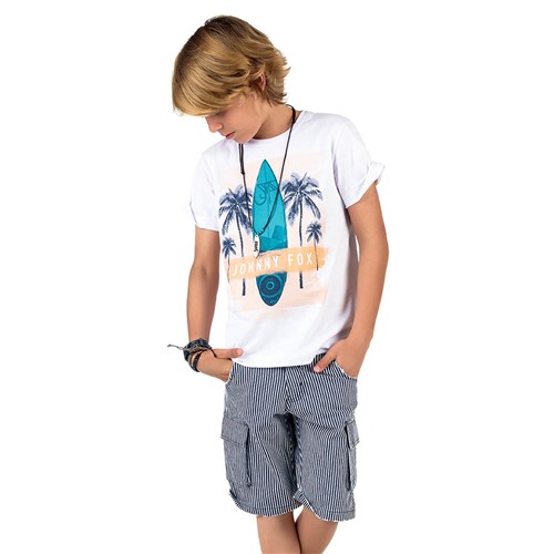 Conjunto Infantil Camiseta Branca Surf e Bermuda Jeans Listrada Azul e Branco Johnny Fox 6anos