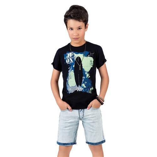 Conjunto Infantil Camiseta Surfista Malha Preta e Bermuda Jeans Claro Johnny Fox 4