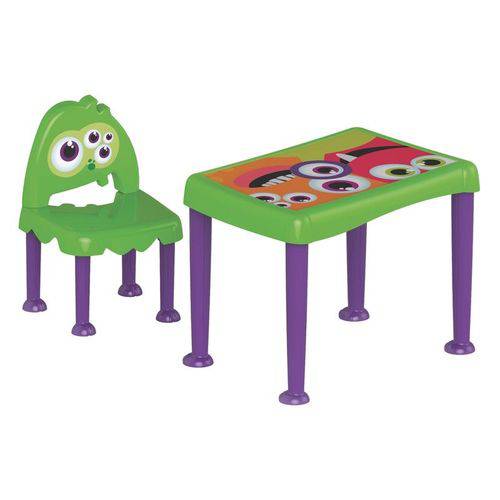 Conjunto Infantil de 1 Mesa e 1 Cadeira Plasticas Montaveis Monster Verde e Lilas