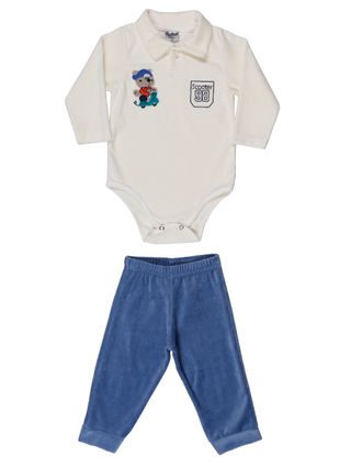 Conjunto Infantil para Bebê Menino - Off White/azul