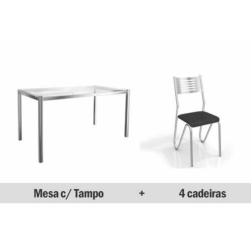 Conjunto Jantar Kappesberg- Base Cromada Reno C/Tampo Vidro 150cm+4 Cadeiras Nápoles- Cromada- Preto