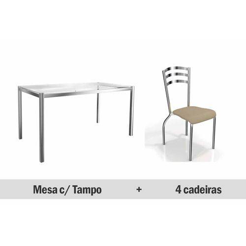 Conjunto Jantar Kappesberg- Base Cromada Reno C/Tampo Vidro 150cm+4 Cadeiras Portugal- Cromada- Nude
