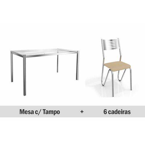 Conjunto Jantar Kappesberg- Base Cromada Reno C/Tampo Vidro 150cm+6 Cadeiras Nápoles- Cromada- Nude