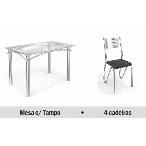 Conjunto Jantar Kappesberg- Base Elba C/Tampo 140cm+4 Cadeiras Nápoles- Cromada- Preto Linho Cinza