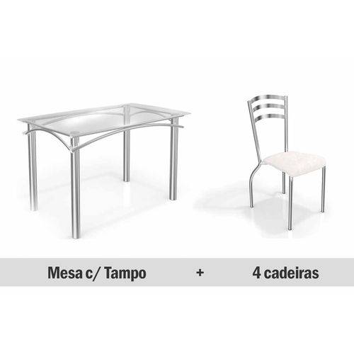 Conjunto Jantar Kappesberg- Base Elba C/Tampo Vidro 140cm+4 Cadeiras Portugal- Cromada- Branco