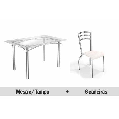 Conjunto Jantar Kappesberg- Base Elba C/Tampo Vidro 150cm+6 Cadeiras Portugal- Cromada- Branco