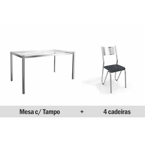 Conjunto Jantar Kappesberg- Base Reno C/Tampo 150cm+4 Cadeiras Nápoles- Cromada- Preto Linho Cinza