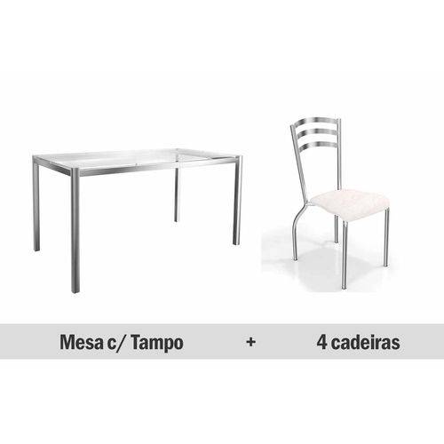 Conjunto Jantar Kappesberg- Base Reno C/Tampo Vidro 150cm+4 Cadeiras Portugal- Cromada- Branco