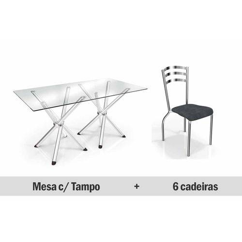 Conjunto Jantar Kappesberg- Base Volga C/Tampo 150cm+6 Cadeiras Portugal- Cromada- Preto Linho Cinza
