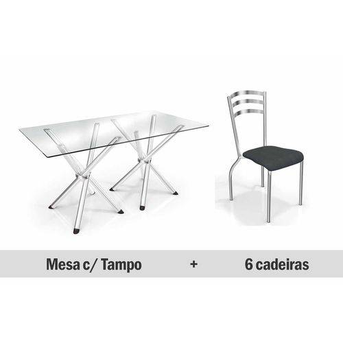 Conjunto Jantar Kappesberg- Base Volga C/Tampo Vidro 150cm+6 Cadeiras Portugal- Cromada- Preto