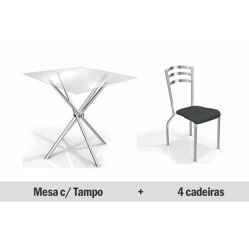 Conjunto Jantar Kappesberg- Base Volga C/Tampo Vidro 90cm+4 Cadeiras Portugal- Cromada- Preto