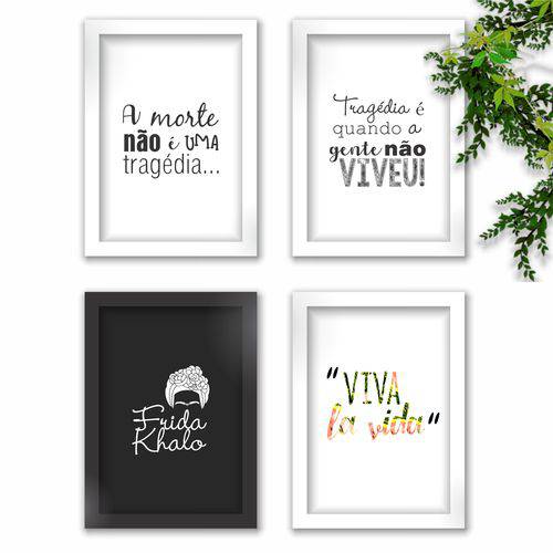 Conjunto Kit 4 Quadros Decorativos Tragedia Viva La Vida Frida Kahlo Moldura Preta e Branca A4
