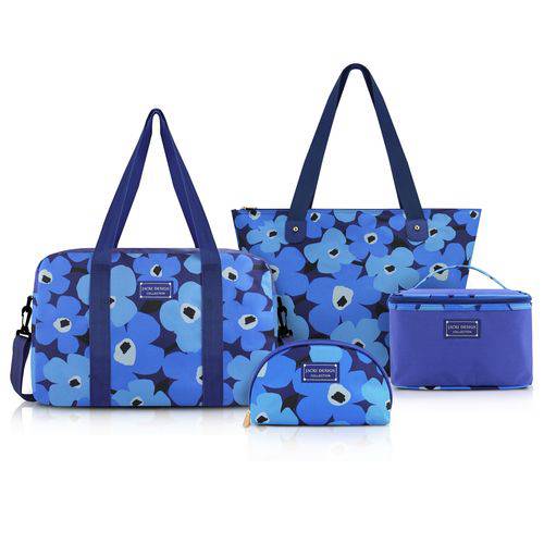 Conjunto Kit Mala Bolsa Viagem com 4 Peças Estampada Flores Jacki Design Azul