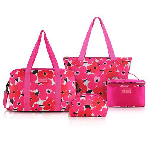 Conjunto Kit Mala Bolsa Viagem com 4 Peças Estampada Flores Jacki Design Pink