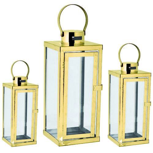 Conjunto Lanterna Decorativa 3 Pçs Vidro Dourada 22x55,5cm