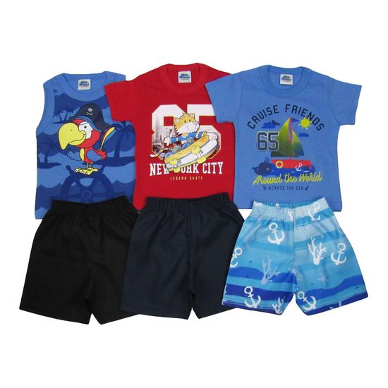 Conjunto Masculino Bebê Kit com 3 Unidades Azul Jeans, Vermelho e Azul-1